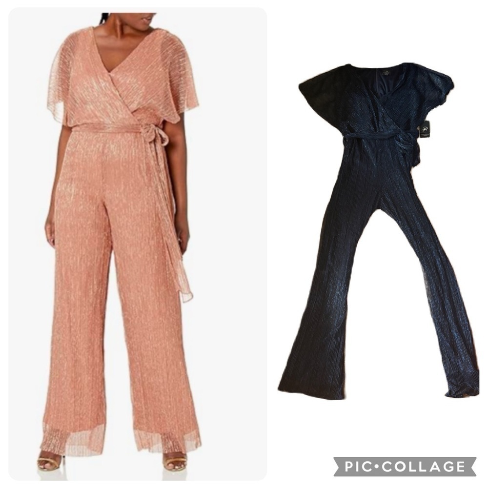 Adrianna Papell Navy Metallic Pleat Jumpsuit NEW Sz 10